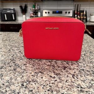 Michael Kors Red Saffiano Leather Crossbody Camera Bag with Gold Hardware